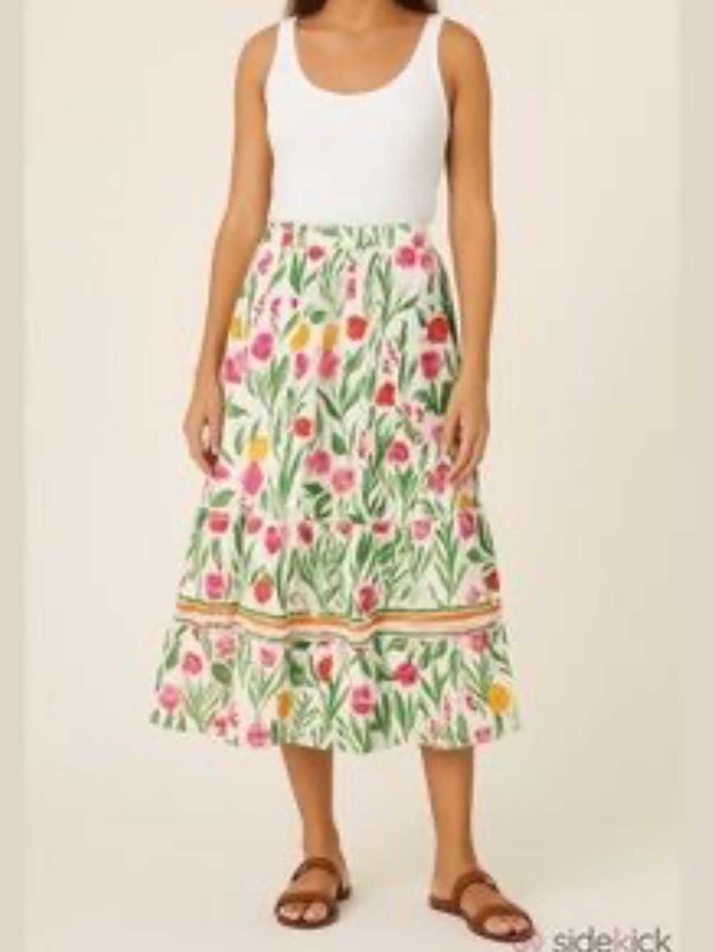 Rachel Zoe Green Pink Floral Lemon Tulip Print Tiered Linen Skirt Sz L NWT